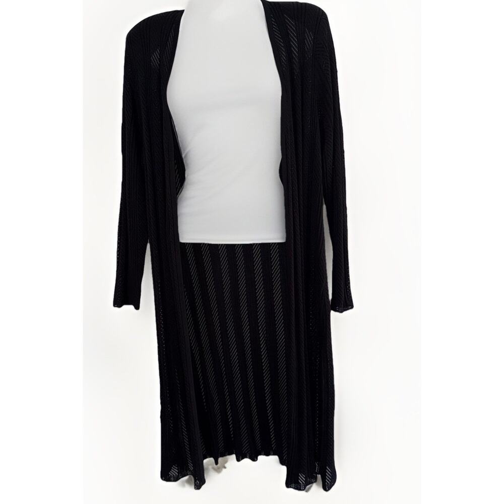 Exclusively Misook Black Ribbed Semi Sheer Open Front Knit Cardigan Duster Sz L
